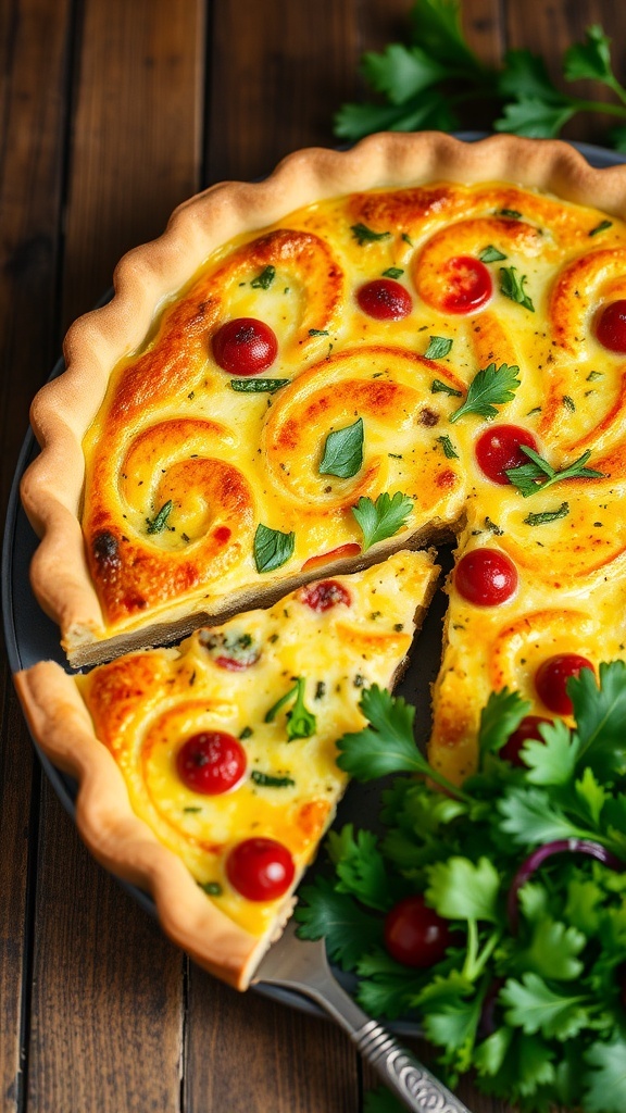 A golden quiche filled with vegetables and cheese, garnished with herbs, on a wooden table with a slice cut out.
